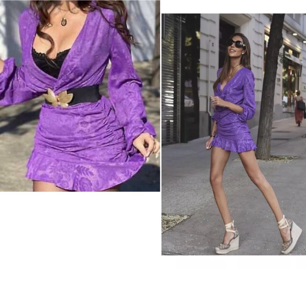Zara purple jacquard ruffle frill draped ruched long sleeve wrap dress Sz M NWT - Picture 5 of 10